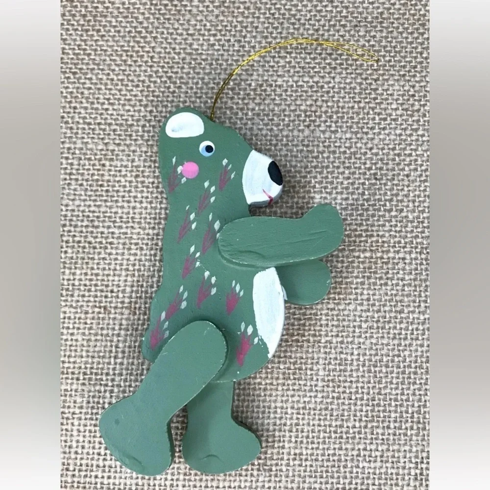 Green Floral Teddy Bear Wood Ornament Christmas Cottagecore Whimsical Twee